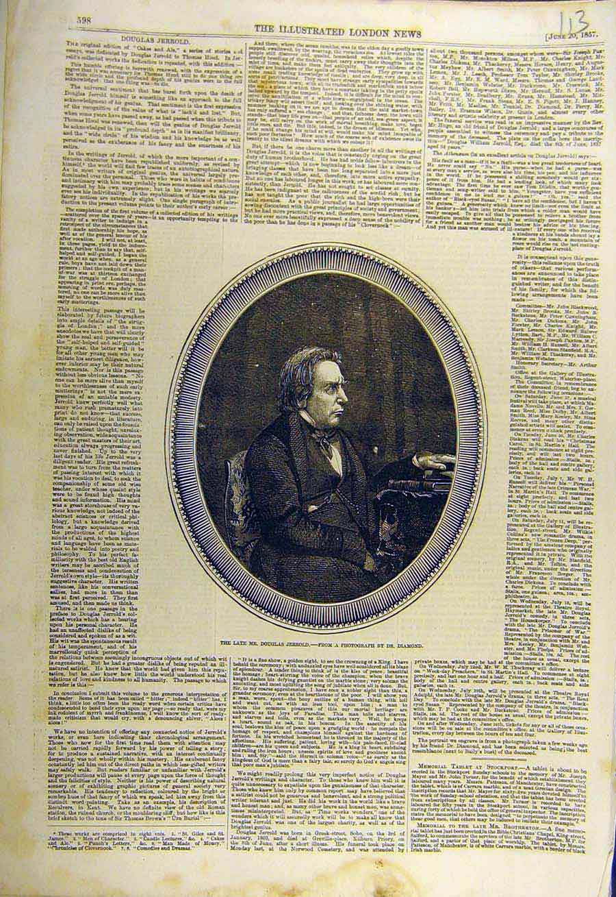 Original Old Antique Print 1857 Douglas-JerrPortrait Author Cakes-Ale Victorian