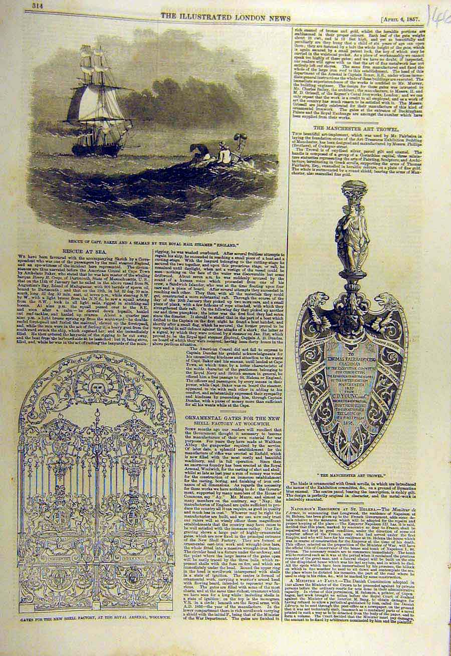 Original Old Antique Print 1857 England Mail-Steamer Gates Arsenal Art Trowel