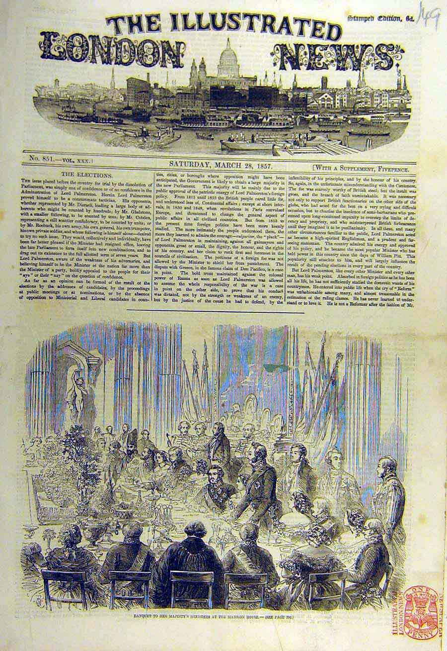 Original Old Antique Print 1857 Banquet Mansion House Royal Ministers Victorian