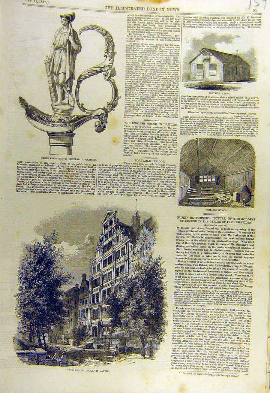 Original Old Antique Print 1857 Portable School English-House Dantzic Marmora