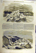 Original Old Antique Print 1857 Fredericton Ice St. John River Store-House 19th