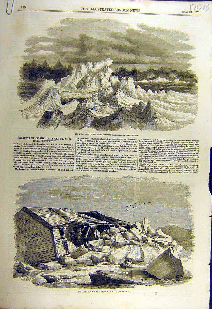 Original Old Antique Print 1857 Fredericton Ice St. John River Store-House 19th