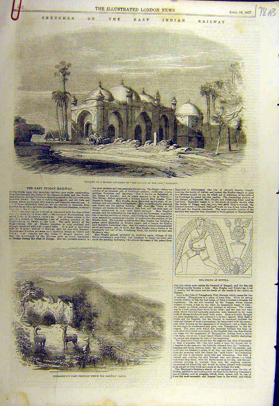 Original Old Antique Print 1857 East-Indian Railway Musjid Muttra Idol Engineer