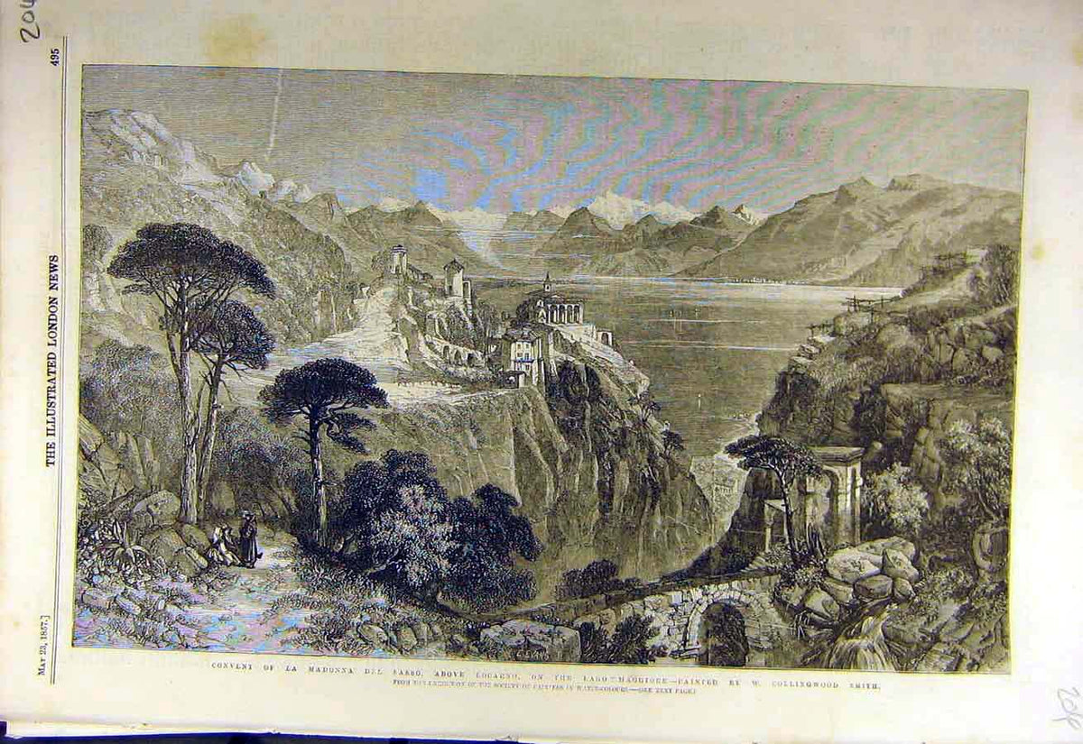 Original Old Antique Print 1857 Convent Madonna-Del-Sasso Locarno Smith 19th