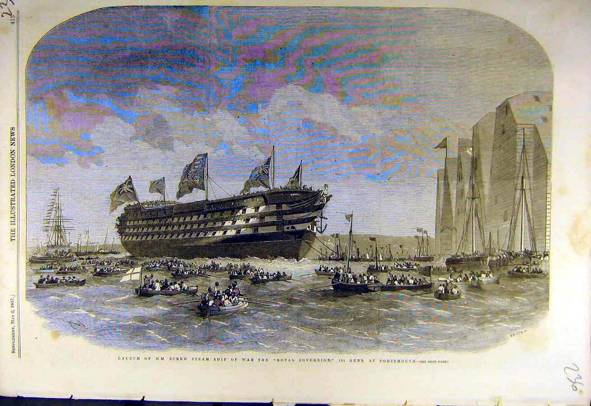 Original Old Antique Print 1857 Screw-Steam Ship War Royal-Sovereign Portsmouth