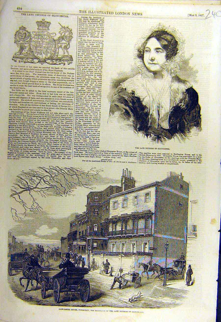 Original Old Antique Print 1857 Duchess Gloucester Piccadilly House Arms 19th