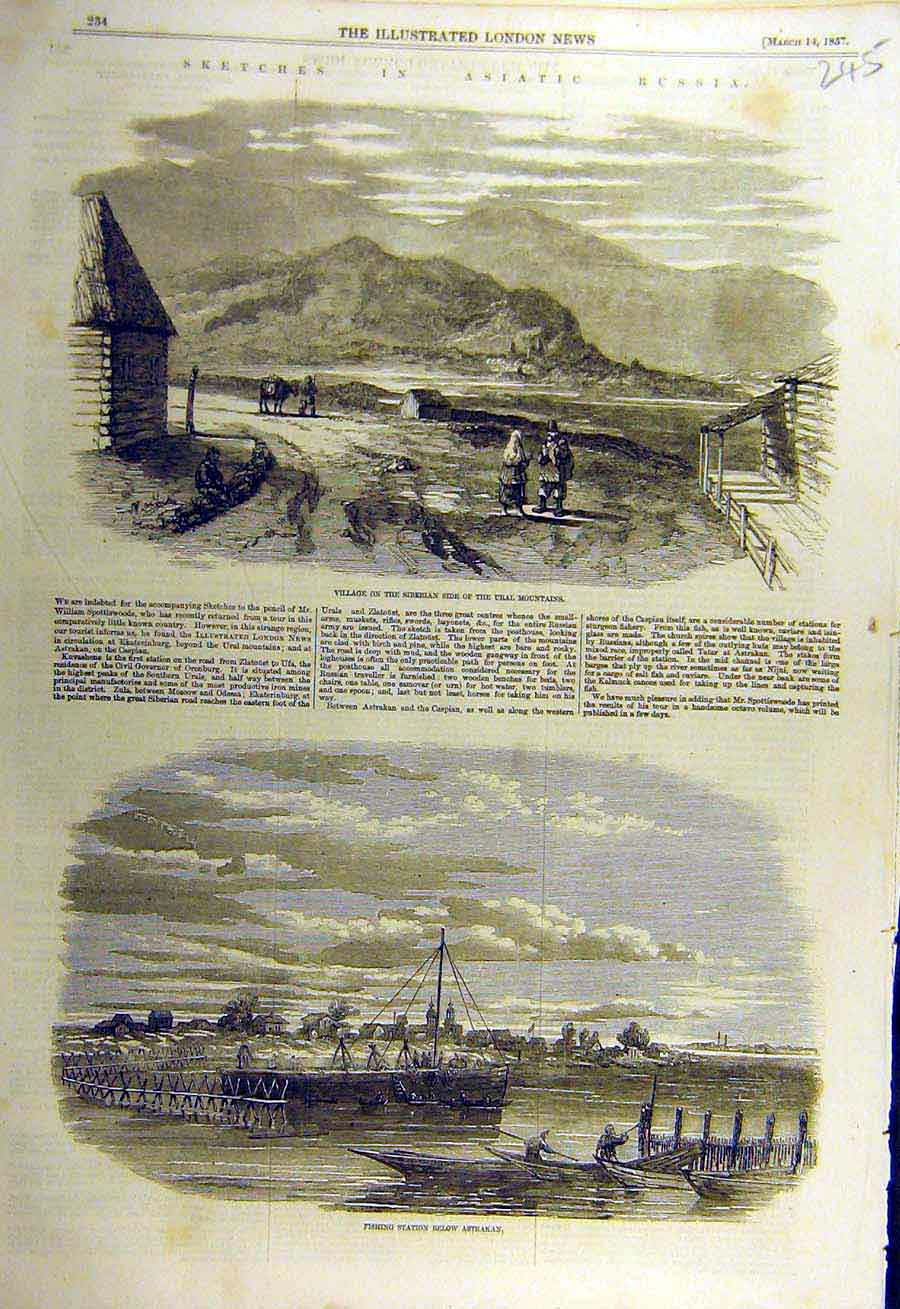 Original Old Antique Print 1857 Asiatic Russia Siberian Ural Mountains Fishing