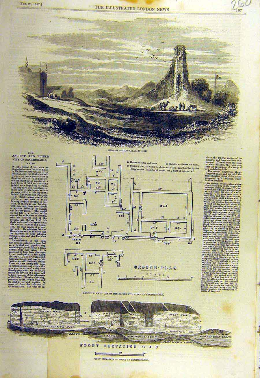 Original Old Antique Print 1857 Ruins Brahmunabadsind Ground-Plan Elevation 19th