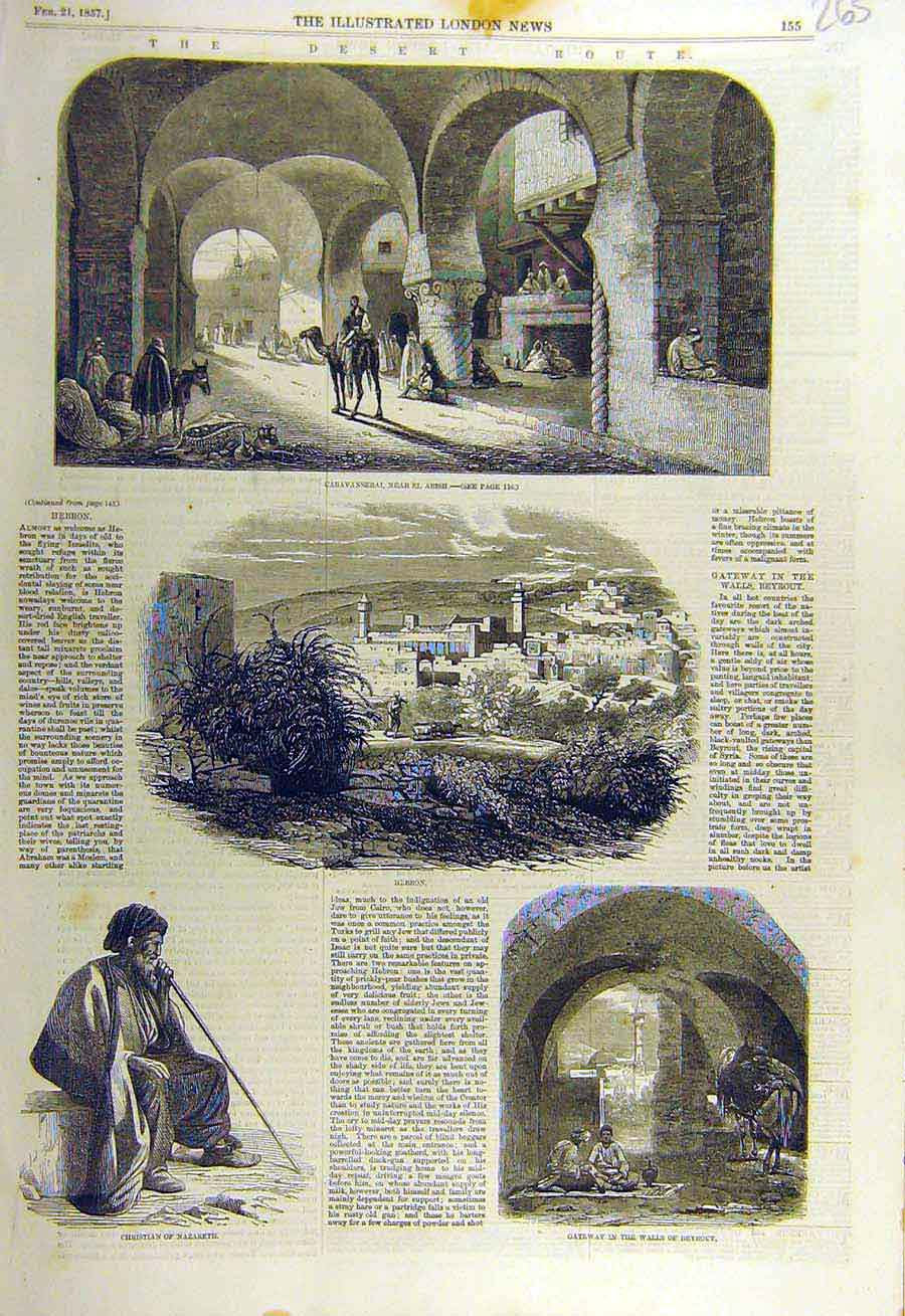 Old Antique Print 1857 Desert Route Arish Hebron Nazareth Beyrout Gateway 19th