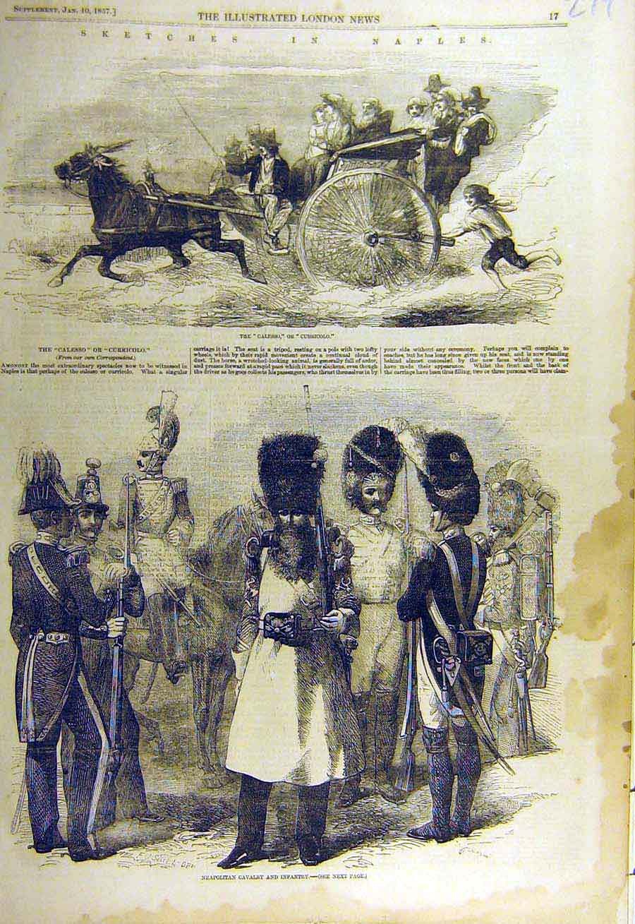 Old Antique Print 1857 Naples Italy Calesso Curricolo Neapolitan Cavalry 19th