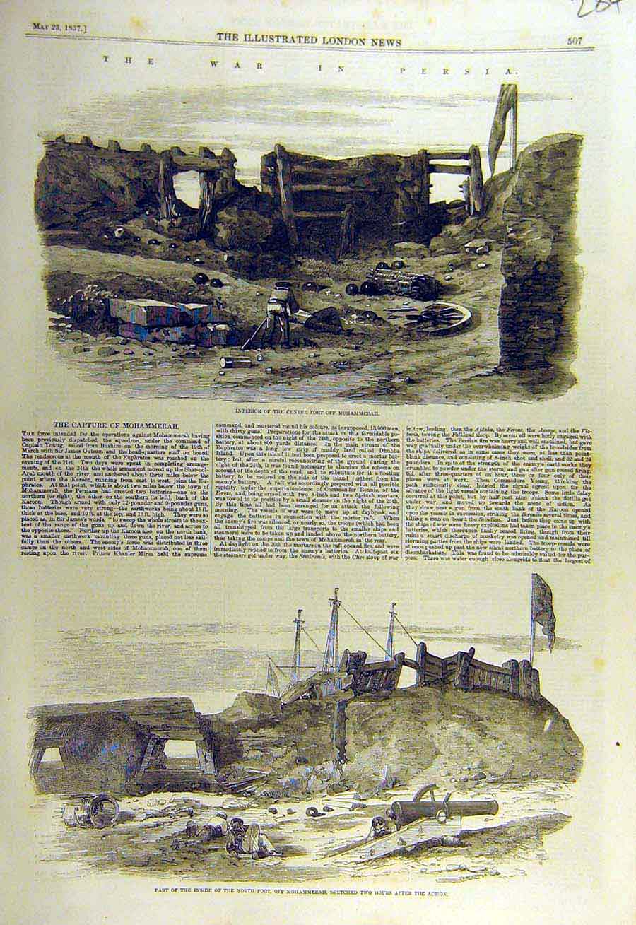 Original Old Antique Print 1857 War Persia Mohammerah North-Fort Capture 19th