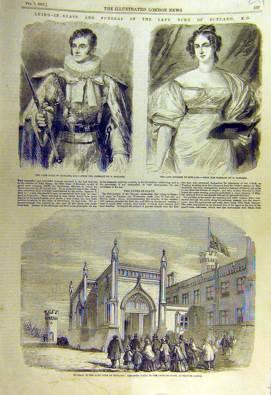 Original Old Antique Print 1857 Funeral Duke Rutland Portrait Dushess Tenants