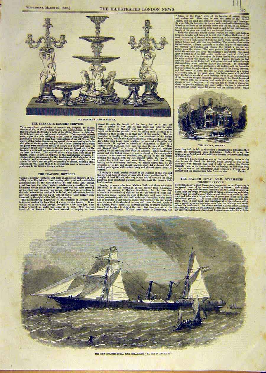 Original Old Antique Print Spanish Royal-Mail Steam-Ship Rowsley Dessert Service