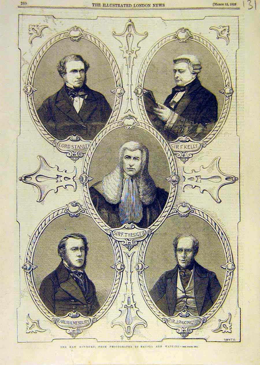 Original Old Antique Print Stanley Kelly Thesiger Malmesbury Pakington 1858 19th