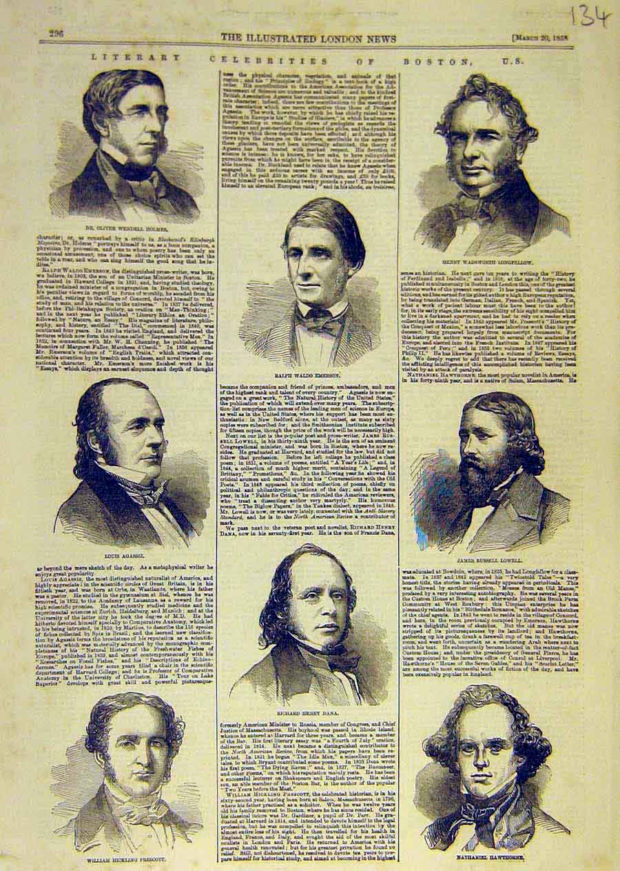 Original Old Antique Print Literary Holmes Emerson Longfellow Dana Lowell 1858