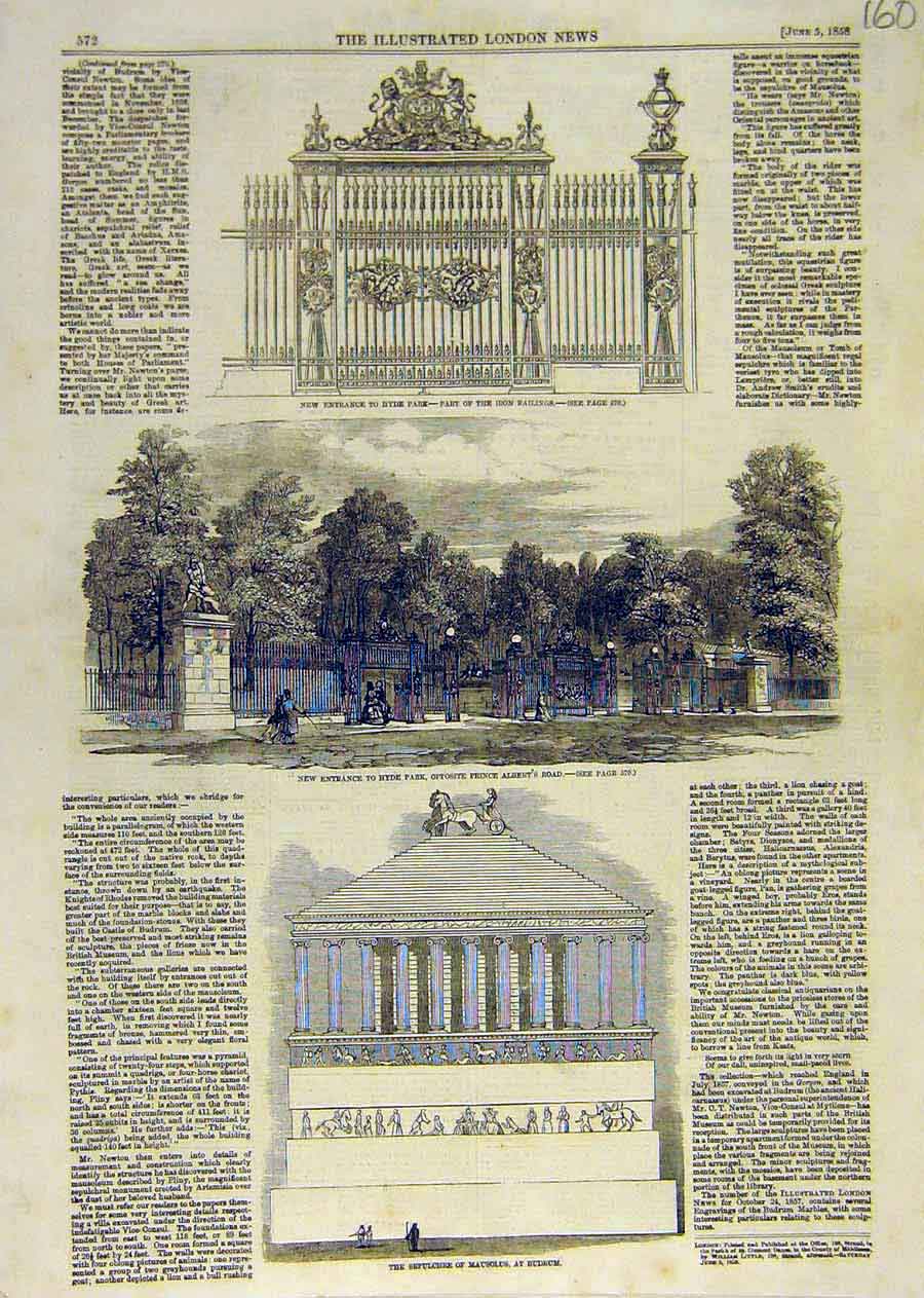 Original Old Antique Print Hyde Park London Sepulchre Mausolus Budrum 1858 19th
