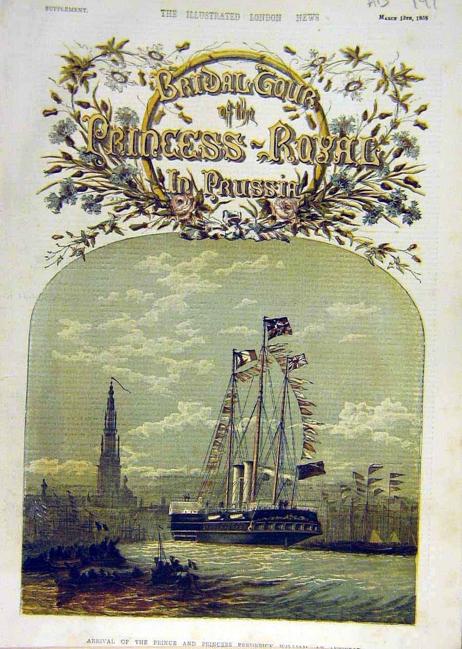 Old Antique Print Bridal Tour Princess Royal Prussia Prince William 1858 19th