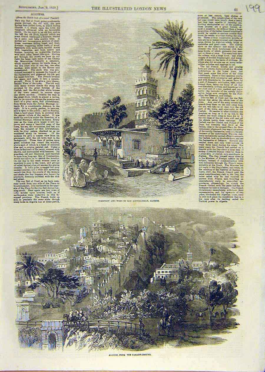 Original Old Antique Print Cemetery Tomb Sidi Abderahman Algiers Parade 1858