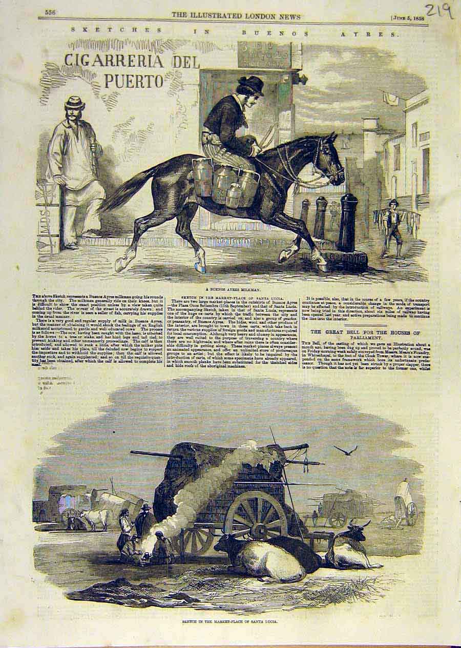 Old Antique Print Sketches Buenos Ayres Milk-Man Market Santa Lucia 1858 19th