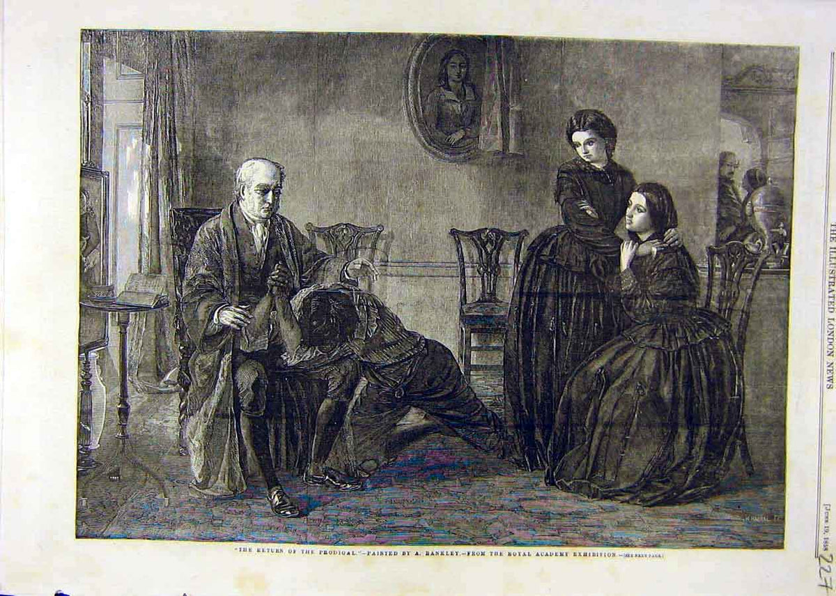Original Old Antique Print Return-Prodigal Rankley Royal Academy Fine Art 1858