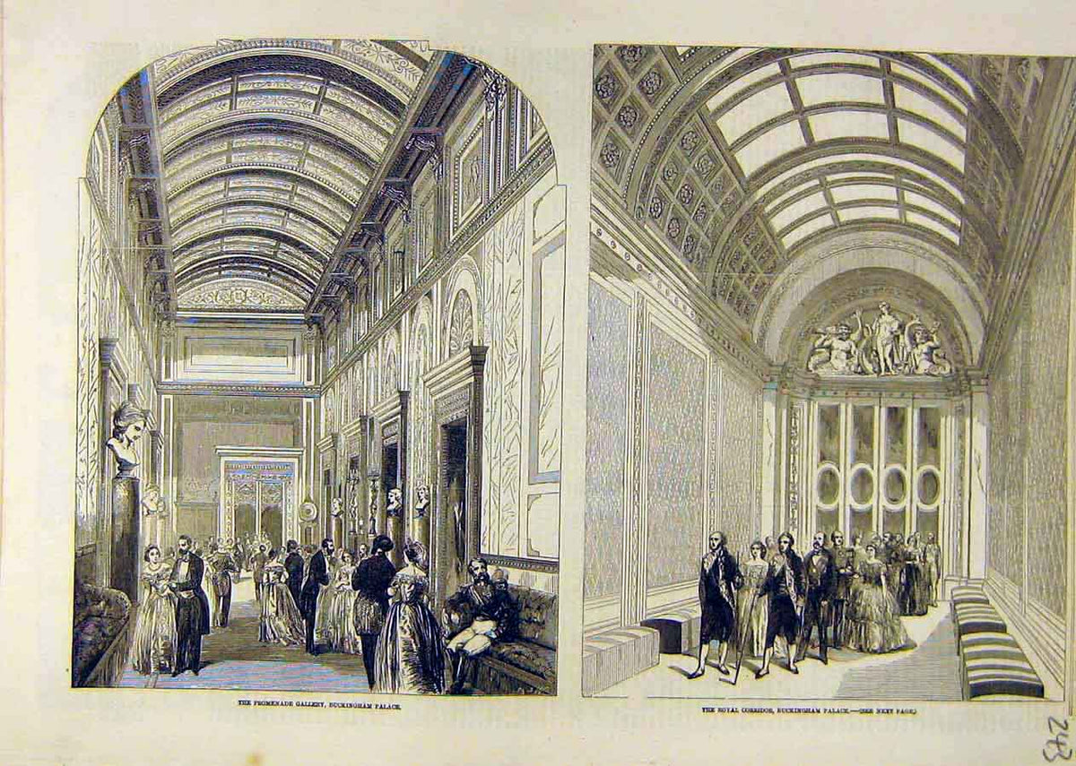 Original Old Antique Print Promenade Gallery Buckingham Palace Corridor 1858