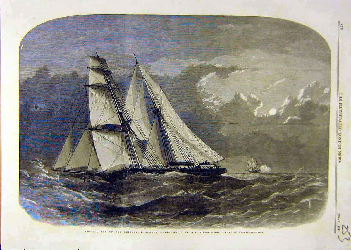 Old Antique Print Brigantine Slaver Windward Steam-Sloop Alecto Ship 1858 19th