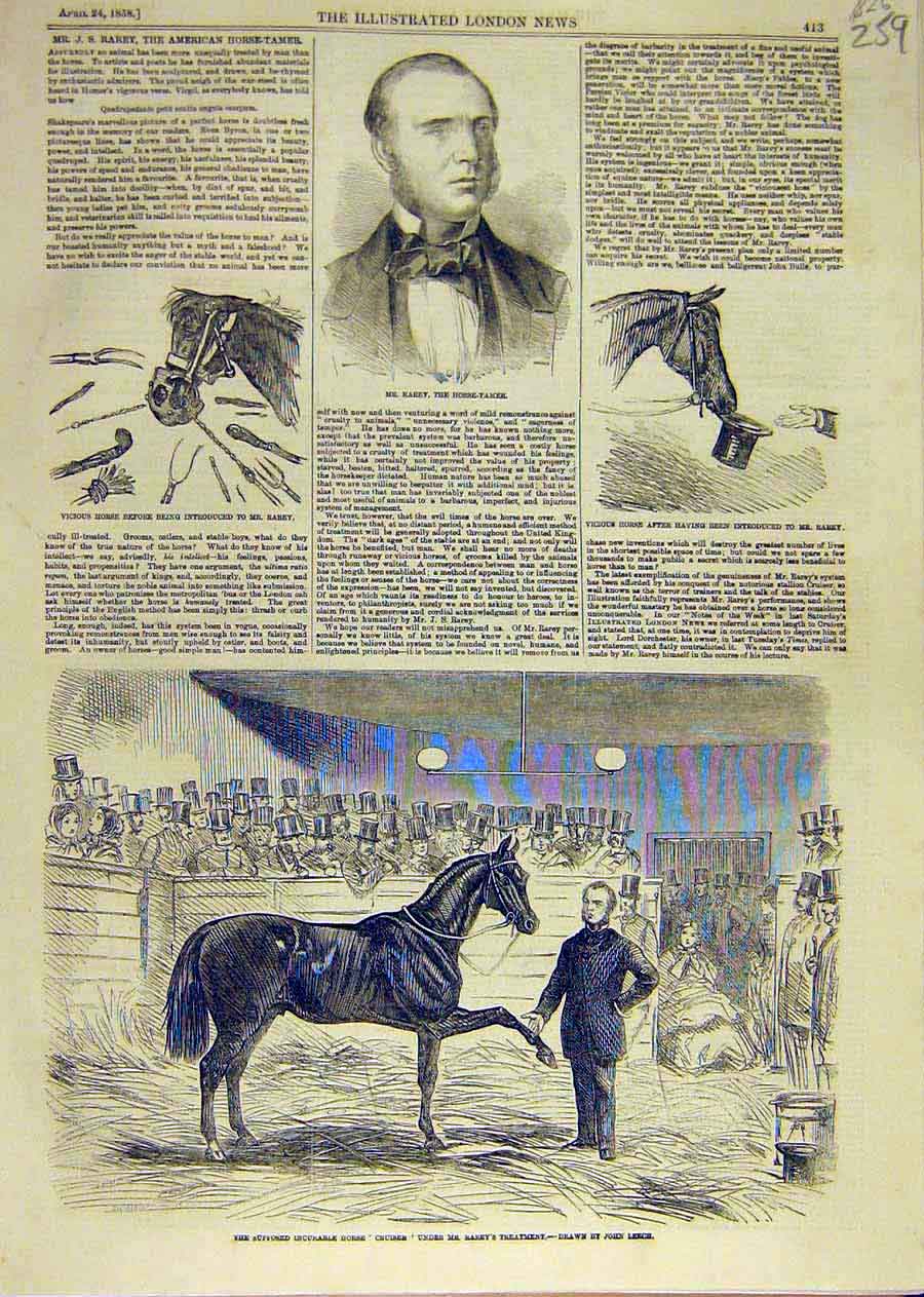 Original Old Antique Print Horse-Tamer Rarey Cruiser Leech Animal 1858 Victorian