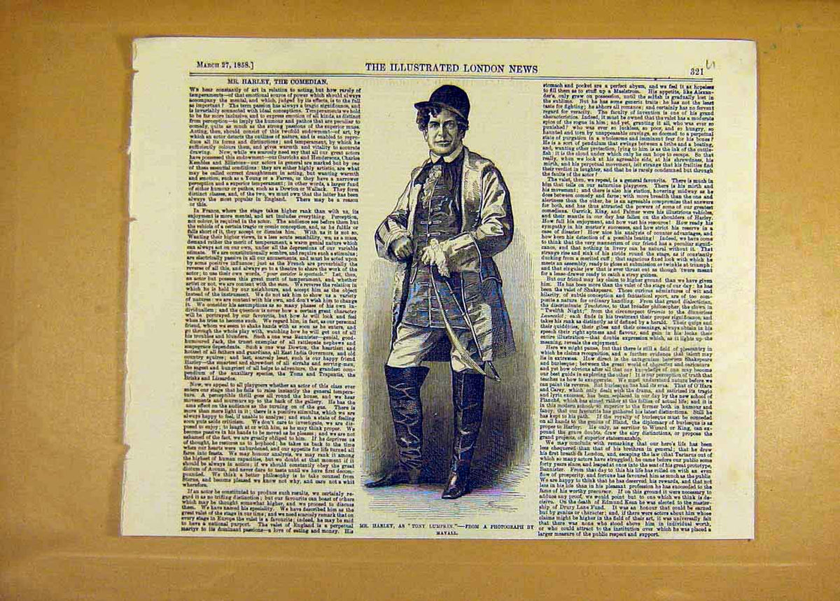 Original Old Antique Print Harley Lumpkin Comedian Theatre Comedy 1858 19th