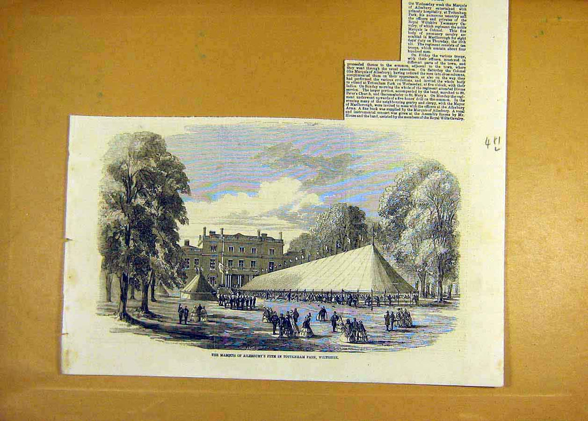 Original Old Antique Print Marquis Ailesbury Fete Tottenham Park Wiltshire 1858