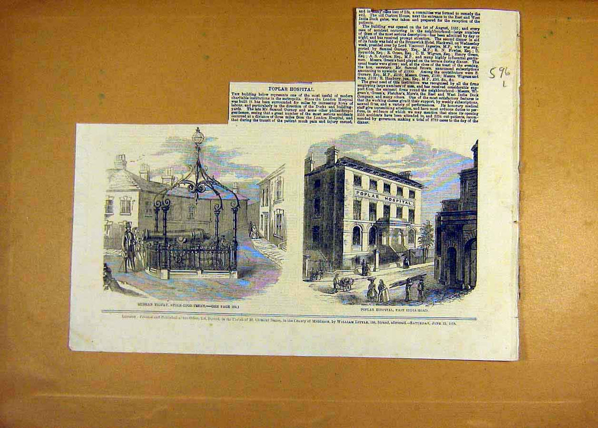Original Old Antique Print Russian Trophy Stoke-Upon-Trent Poplar Hospital 1858
