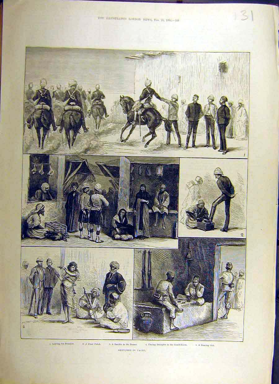 Old Antique Print 1884 Sketches Cairo Egypt Africa Draughts Dancing Girl 19th
