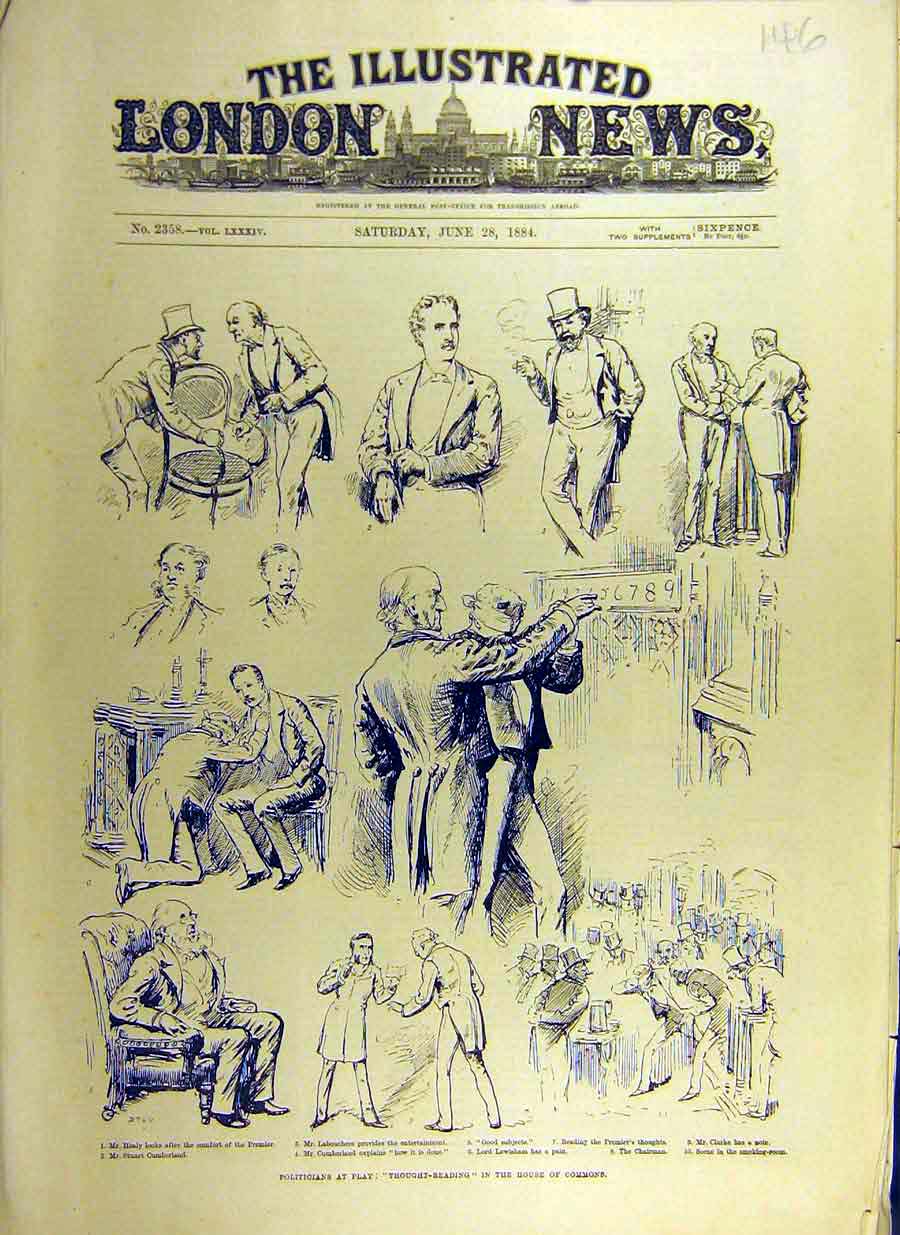 Old Antique Print 1884 Politicians Thought-Reading House Commons Sketches 19th