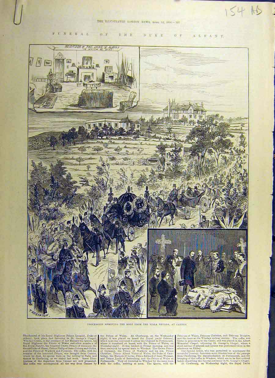 Original Old Antique Print 1884 Duke Albany Funeral Procession Cannes Windsor