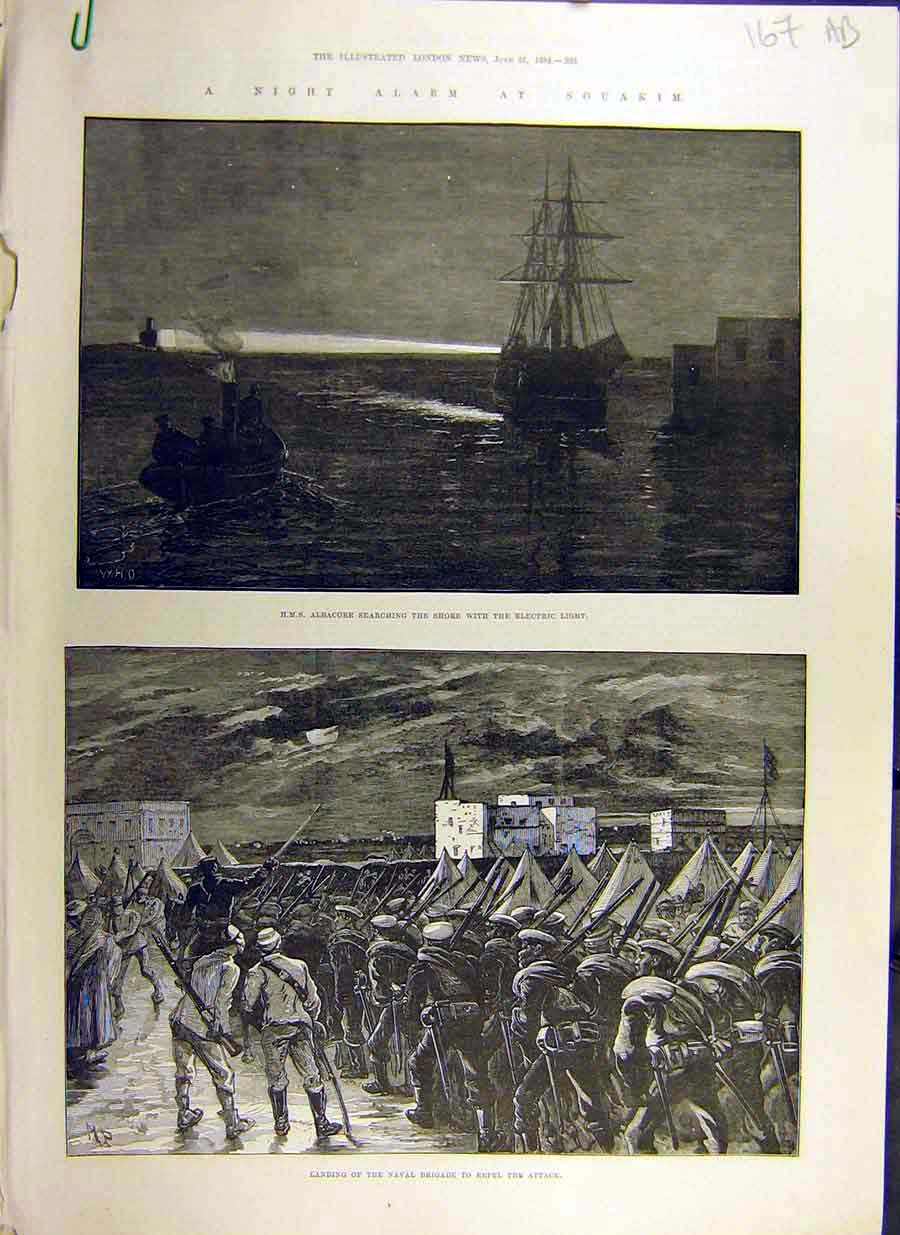 Original Old Antique Print 1884 Souakim Night-Alarm Hms Albacore Shendy Chenery