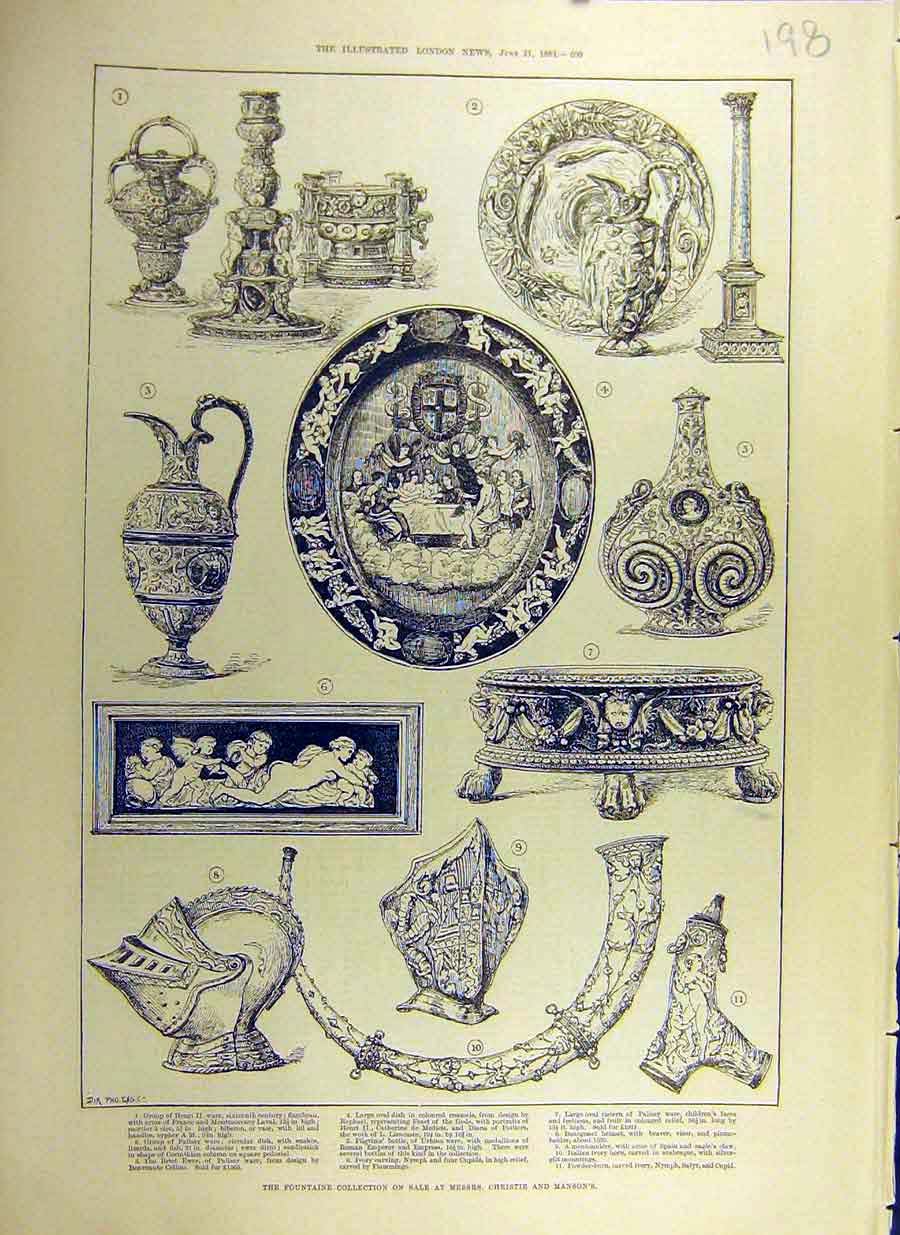 Original Old Antique Print 1884 Fountaine Collection Sale Christie Manson'S 19th