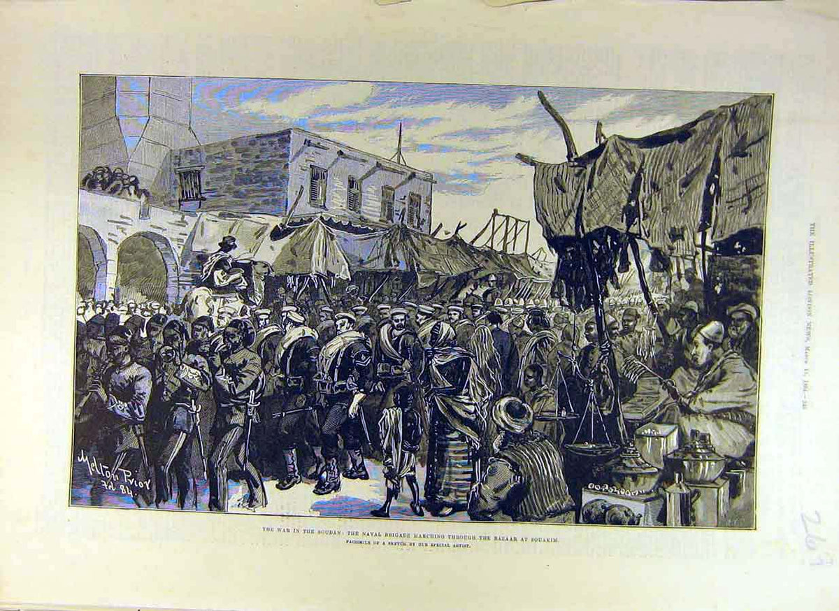 Original Old Antique Print 1884 Naval Brigade War Soudan Bazaar Souakim Troops
