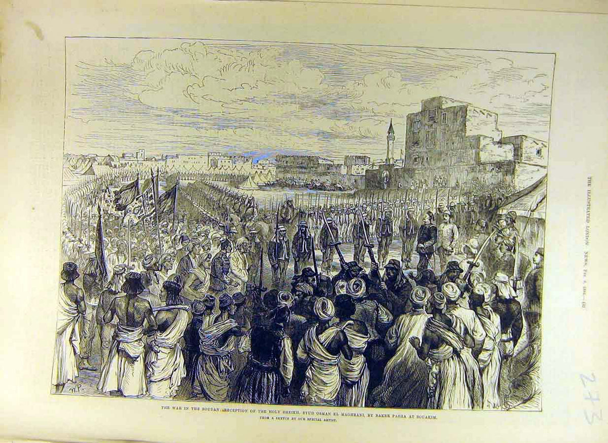 Original Old Antique Print 1884 War Souakim Sheikh Maghrani Baker-Pasha Souakim