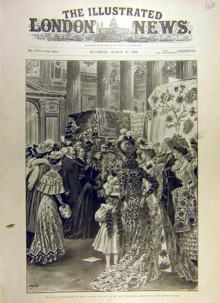 Original Old Antique Print 1900 Prince Princess Wales Irish Industries Mansion