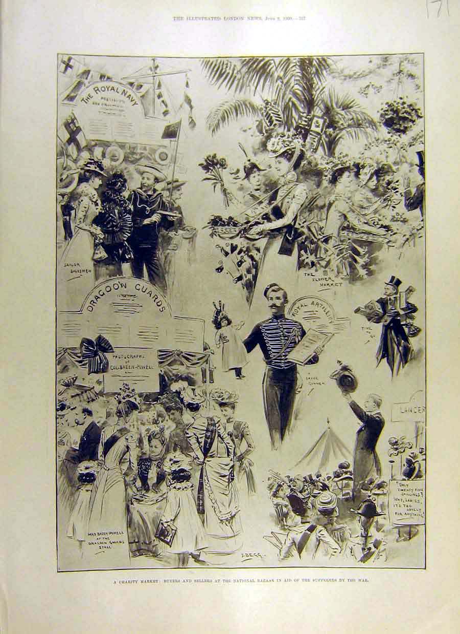 Old Antique Print 1900 Charity Market Bazaar War Sufferers Dragoon Guards 20th