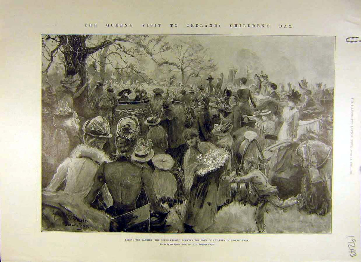 Original Old Antique Print 1900 Ireland Royal Queen Children Phoenix Kingstown