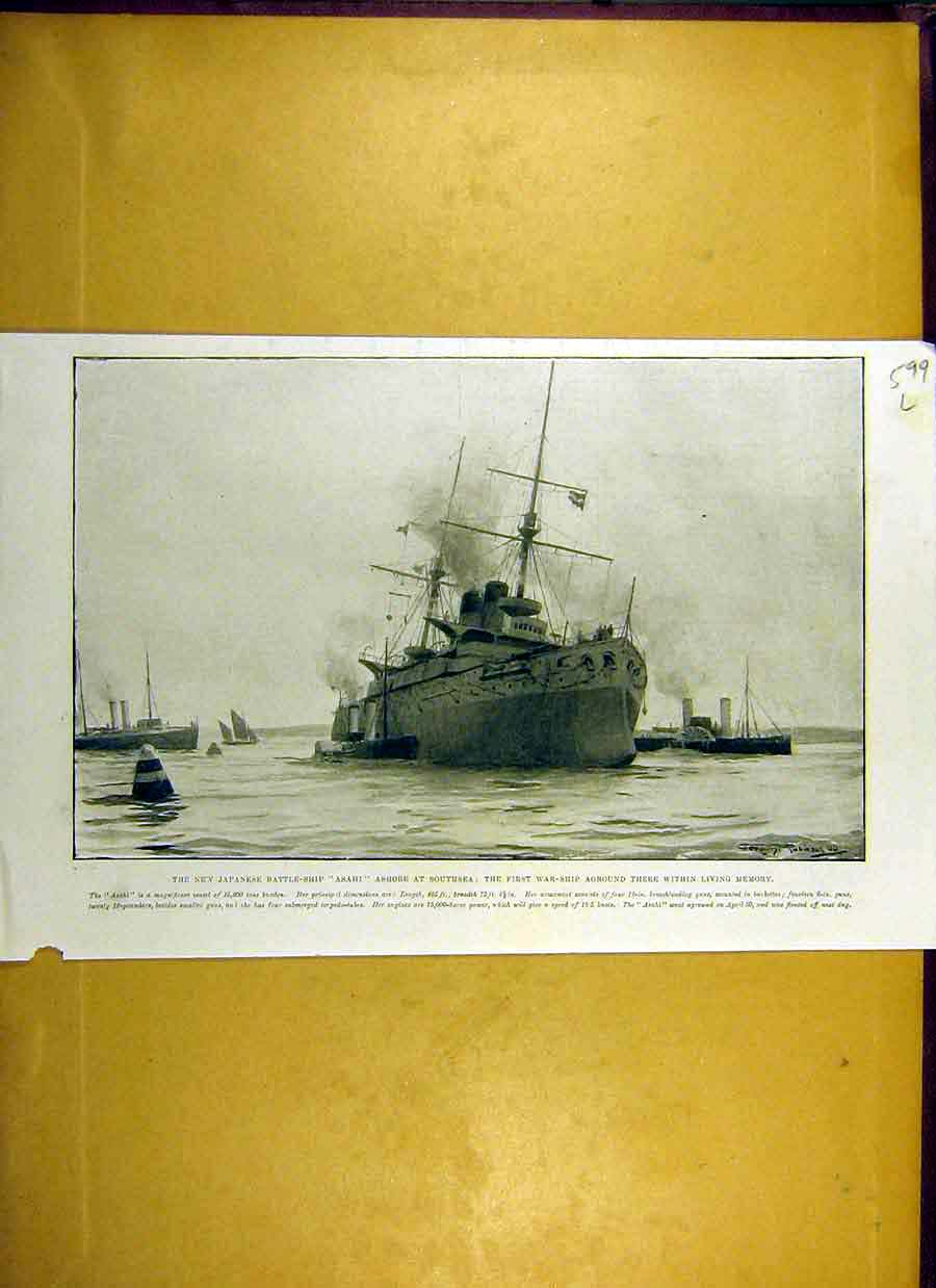 Original Old Antique Print 1900 Japanese Battle-Ship Asahi War-Ship Southsea