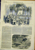 Original Old Antique Print Banquet Mansion House Bower Birds 1849 19th