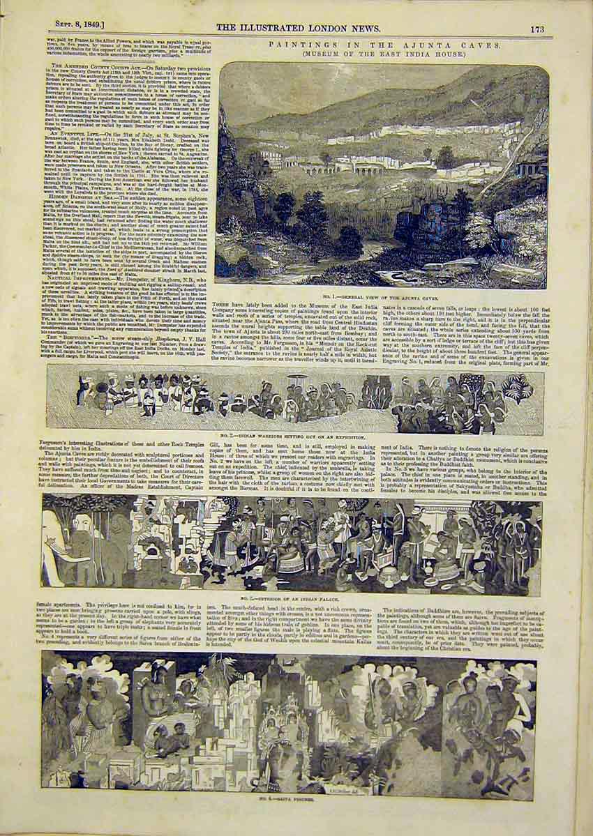 Original Old Antique Print Paintings Ajunta Caves India Saiva Figures Warriors
