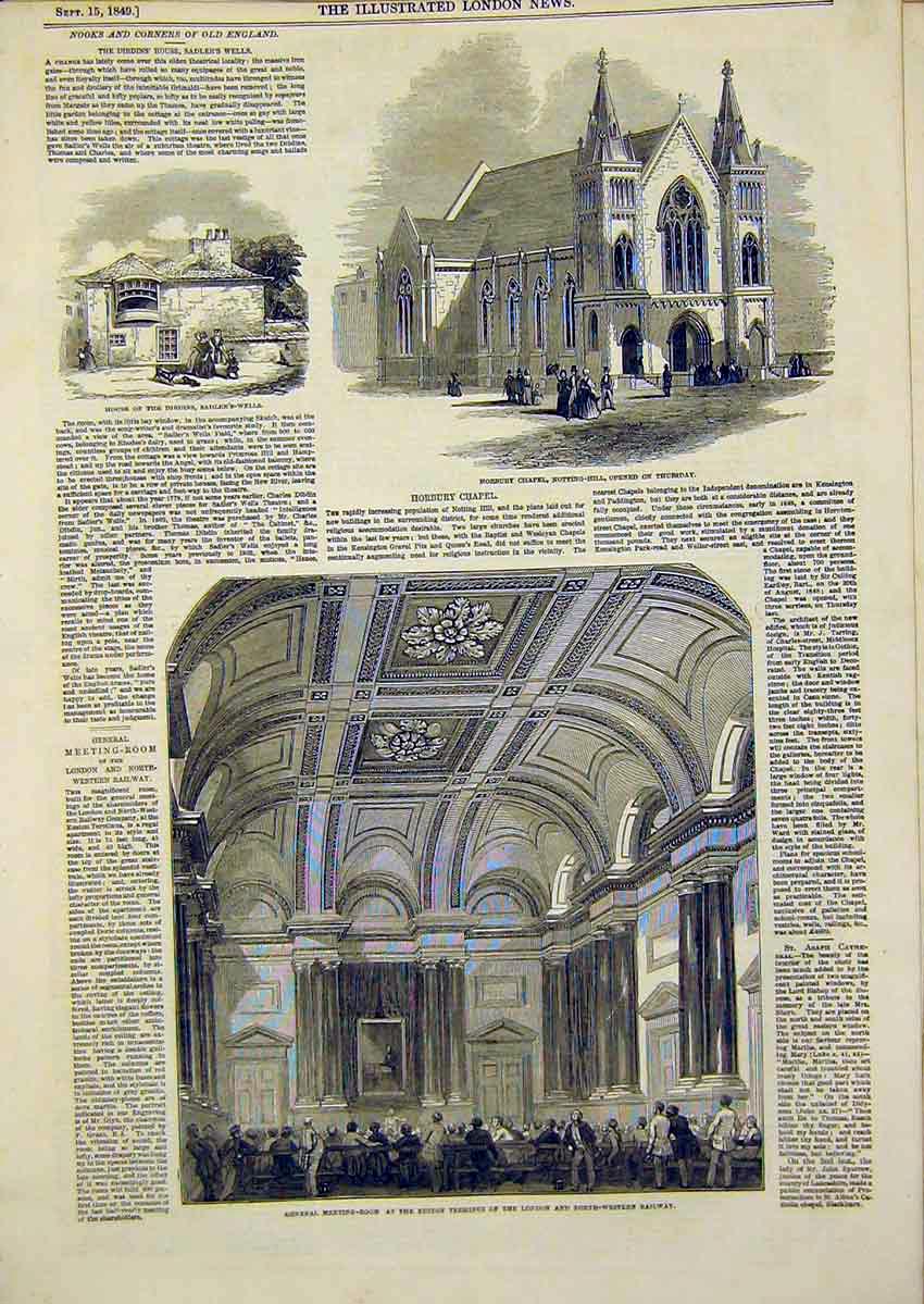 Original Old Antique Print Horbury Chapel England Sadlers-Wells Euston Terminus