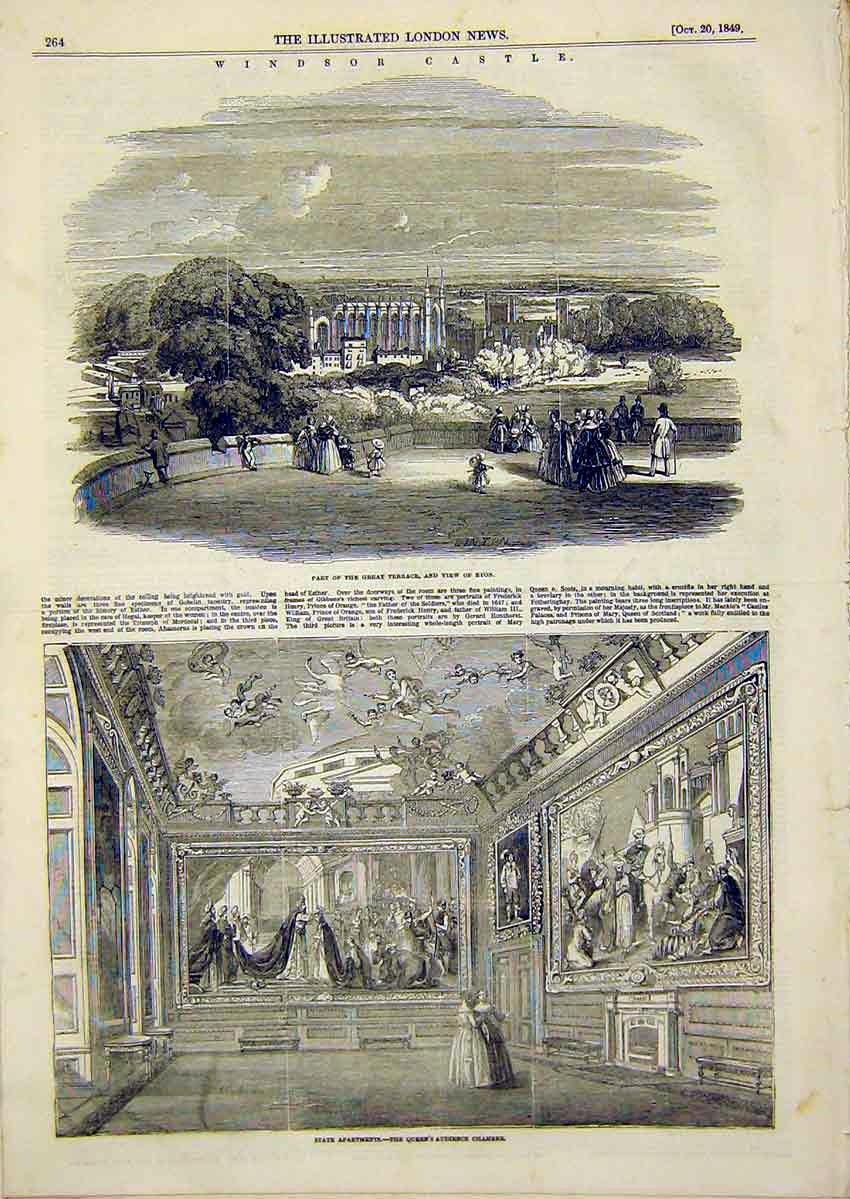 Original Old Antique Print Windsor Castle Eton Views Queen Audience Chamber 1849