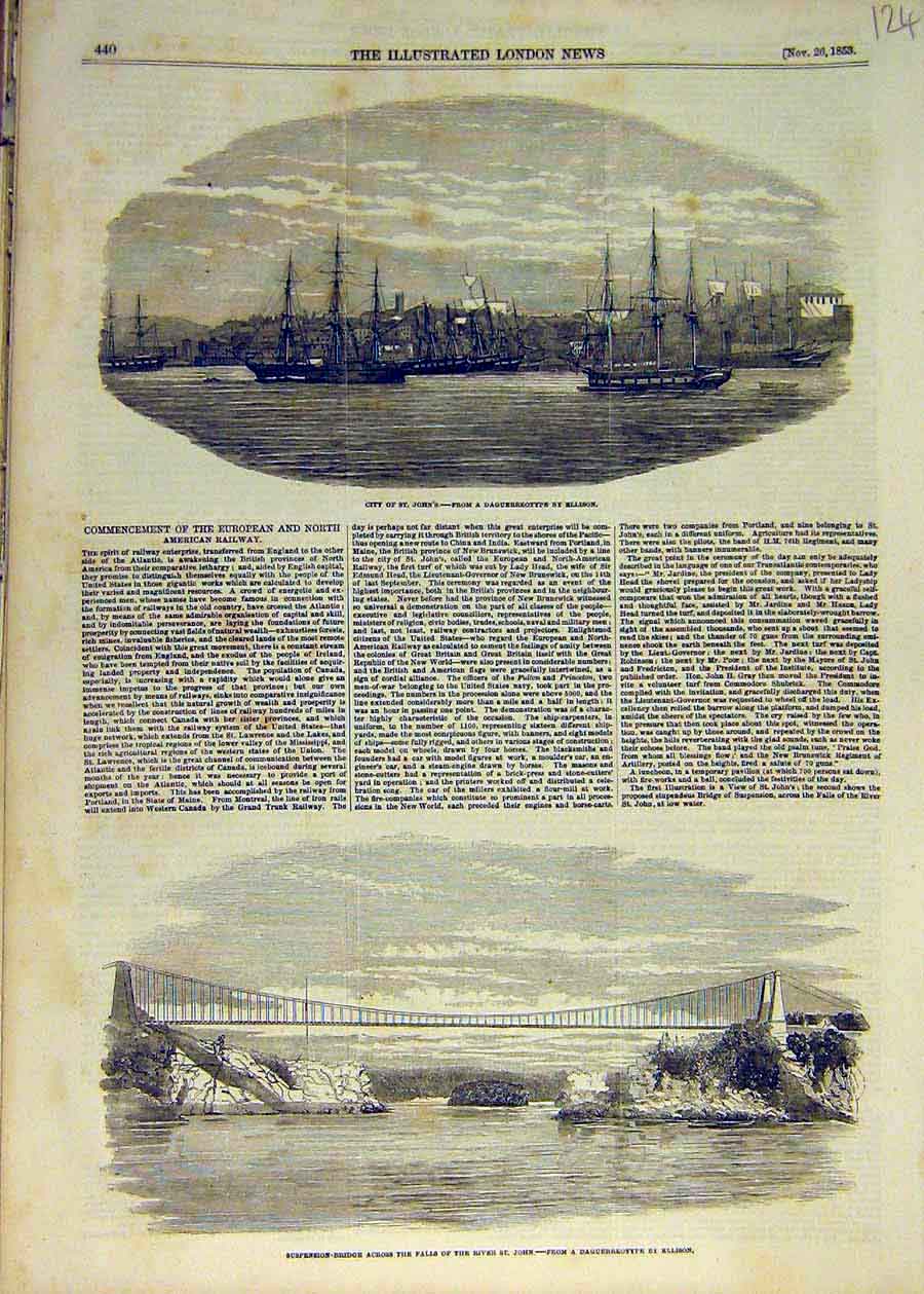 Original Old Antique Print 1853 St. John'S Suspension Bridge River Railway 19th