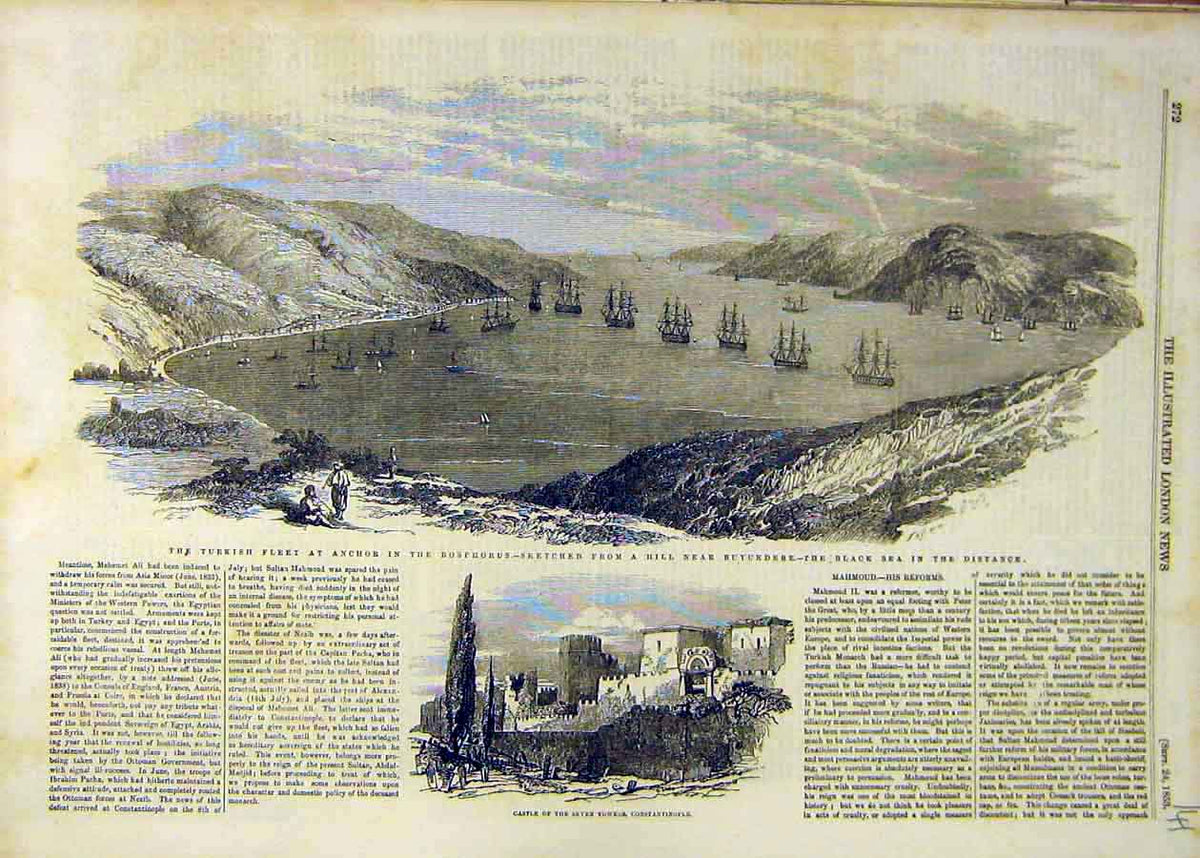 Original Old Antique Print 1853 Turkish Fleet Bosphorous Black-Sea Castle 19th