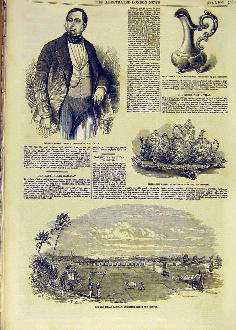 Original Old Antique Print 1853 General Arista Est-India Railway Viaduct Hume