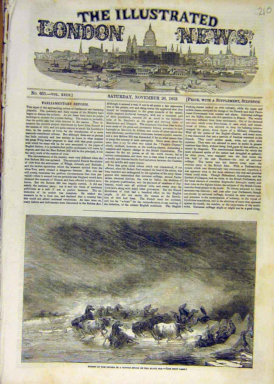 Original Old Antique Print 1853 Horses Crimea Winter Storm Black-Sea Animal 19th