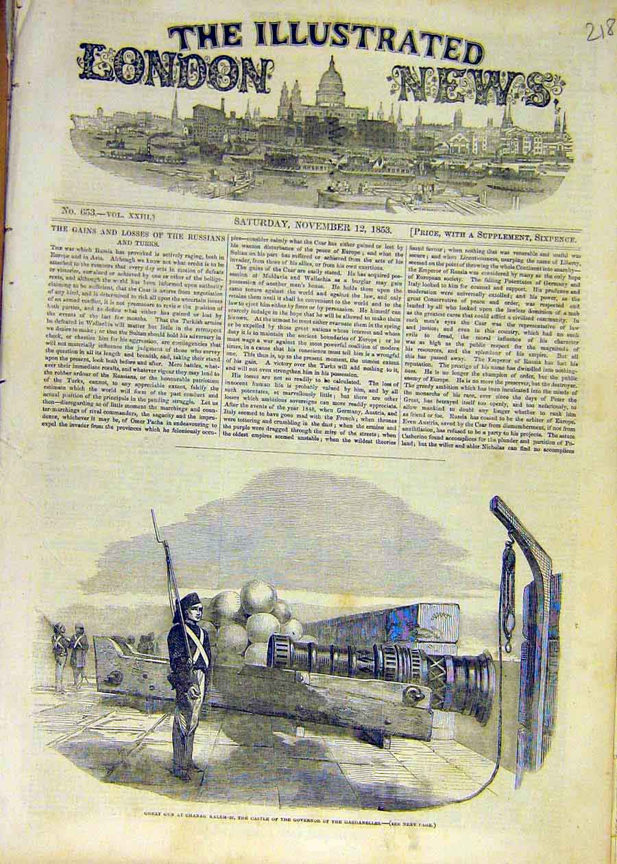 Original Old Antique Print 1853 Gun Chanak Kaleh-Si Castle Dardanelles Victorian